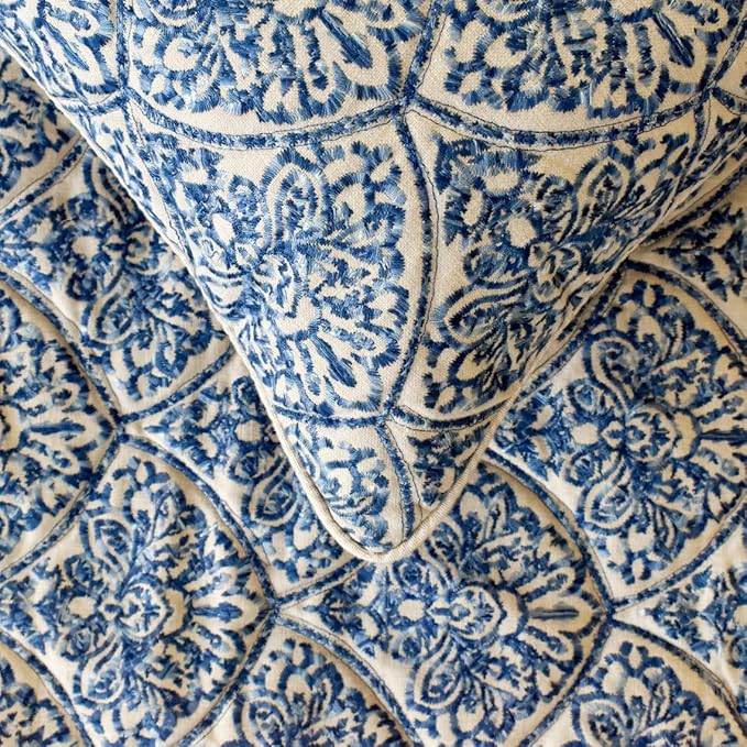 The HomeCentric King/Queen/Twin Blue Designer Queen 74"x18" Bed Runner with Pillow Cover, Embroidery, Quilted Bed Scarf on Cotton Fabric - Farzeen Blue