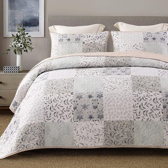 Exclusivo Mezcla Reversible Boho Quilts Twin Size, Gray Bedspreads Lightweight Coverlet All Season Patchwork Quilt Bedding Set with Printed Floral Pattern (1 Quilt, 1 Pillow Sham)