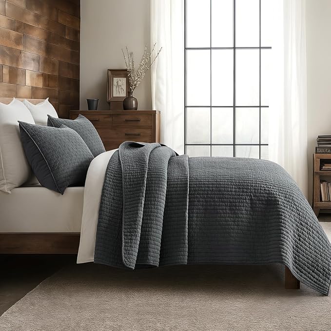 EVERGRACE Cross Stitch Pre-Washed Cotton Quilt Bedding Set Queen Size, Oversized 3 Pieces Lightweight Bedspread Coverlet for All Season, with 2 Matching Shams, Charcoal, 92"x96"
