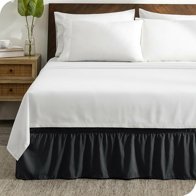 Bare Home Wrap Around Bed Skirt - for Queen Size Beds with 15 inch Tailored Drop - Easy Fit Elastic Strap - Adjustable and Ruffled Style - Wrinkle, Fade, and Stain Free (Queen, Black)