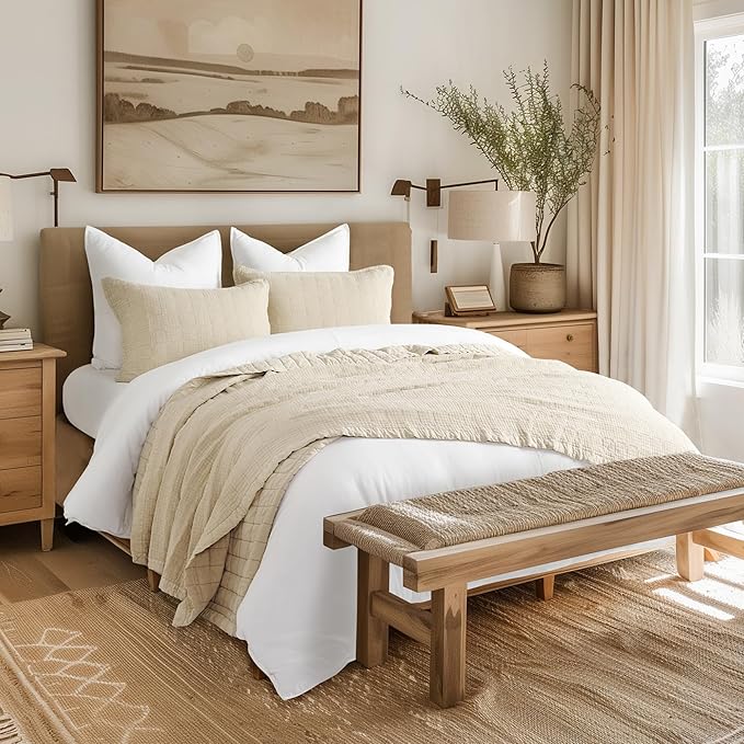 EVERGRACEHOME Stonewashed Cotton Quilt Set Full Queen Size, Ultra Soft Oversized Bedspread Coverlet Set, Lightweight Crinkle Box Stitch Bedding Sets for All Season, with 2 Shams, Flax Beige