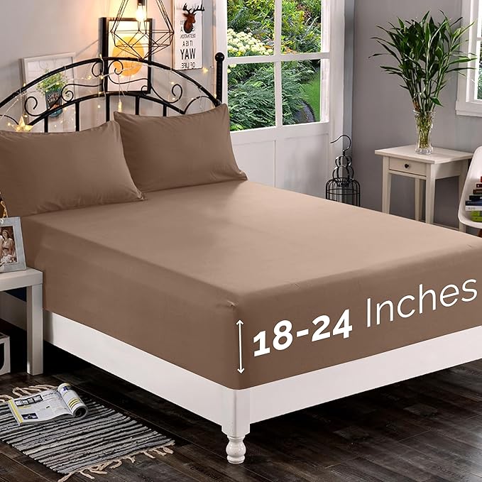 Elegant Comfort 1500 Premium Quality Fitted Sheet Ultra Soft 18-24 Inch Extra Deep Pocket - Single Fitted Sheet for High Mattress - Wrinkle Free with Smart Storage Pockets, Twin/Twin XL, Taupe