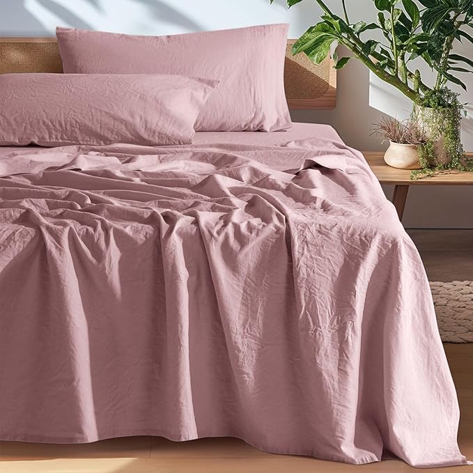 SONORO KATE 100% French Pure Linen Sheets, Breathable and Durable Linen King Size Sheets, Anti-Tear Linen Bed Sheets, Machine Washable, 16 Inch Deep Pocket - 4 Piece (Embroidery Purple, King)