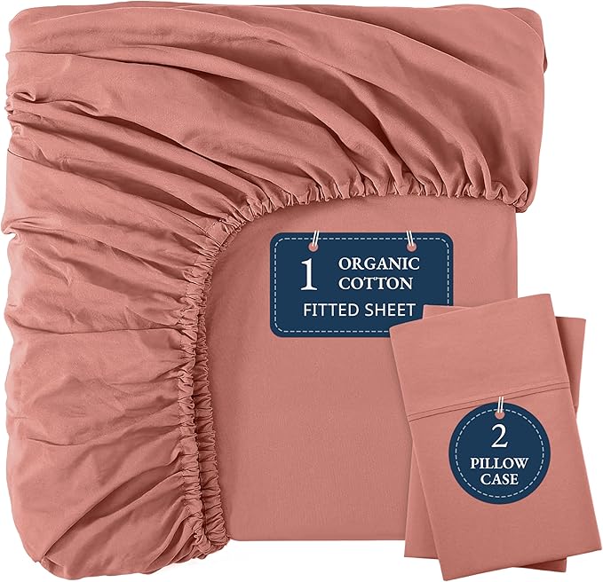LANE LINEN King Size Fitted Sheet, 100% Organic Cotton, 3-Piece Set (1 Fitted Sheet,2 Pillowcases), Percale Weave, Ultra Soft, Breathable,Fits Mattress Upto 15" Deep - Rose Dawn (No Flat Sheet)