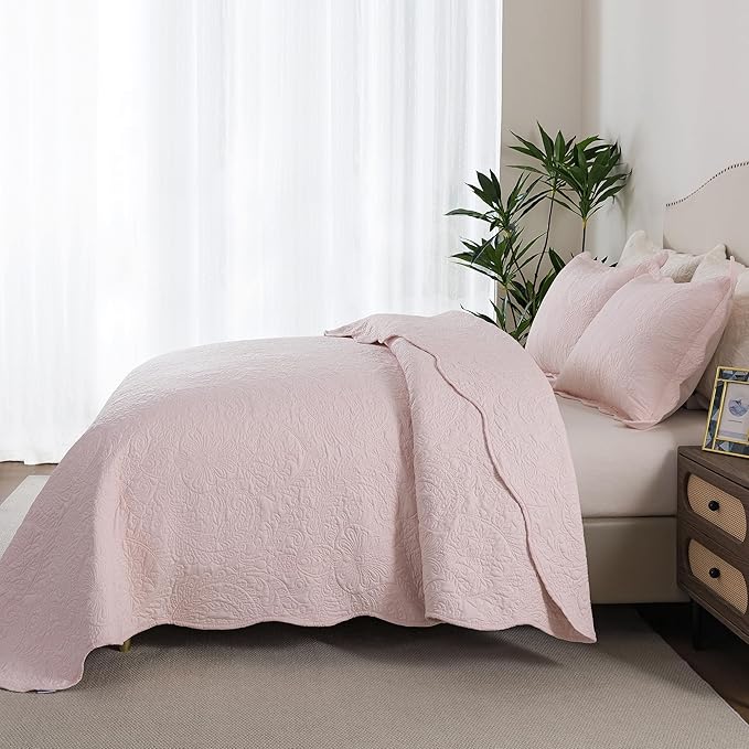 HoneiLife Queen Size Quilt Sets - 3 Piece Queen Quilt Bedding Set Microfiber Quilt Set Lightweight Bedspreads Reversible Coverlets Retro Bed Cover Floral Bedding Set All Season Quilts-Light Pink