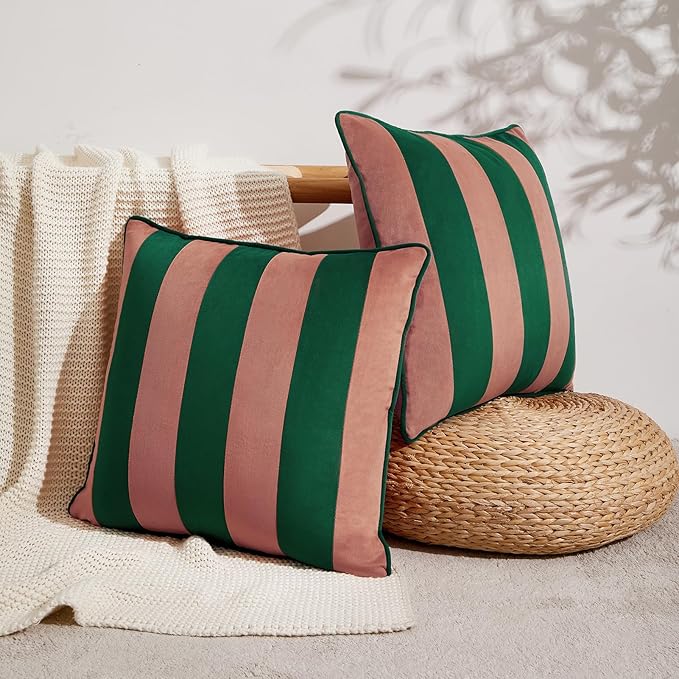 MONDAY MOOSE Decorative Throw Pillow Covers Cushion Cases, Set of 2 Soft Velvet Striped Piping Edge Designs, Pillow Inserts Not Included (18x18 inch, Pink/Green)
