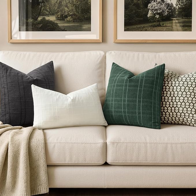 MIULEE Decorative Linen Check Euro Shams Throw Pillow Covers Neutral Farmhouse Vintage Spring Pillow Covers 24x24 Set of 2 Boho Modern Home Decor for Sofa Couch Bedroom Cushion Dark Green