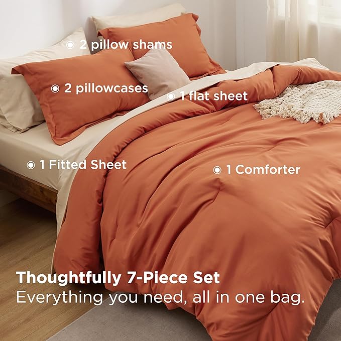 Bedsure Queen Comforter Set - 7 Pieces Burnt Orange Queen Bedding Set for All Seasons, Boho Contrasting Design Bed in a Bag with Comforter, Sheets, Pillowcases & Shams