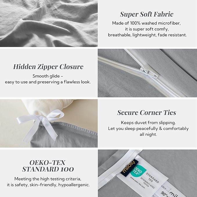 MILDLY Super Soft Duvet Cover - 100% Washed Microfiber Grey Comforter Cover Set 3 Pieces with Zipper Closure & Corner Ties (No Comforter)