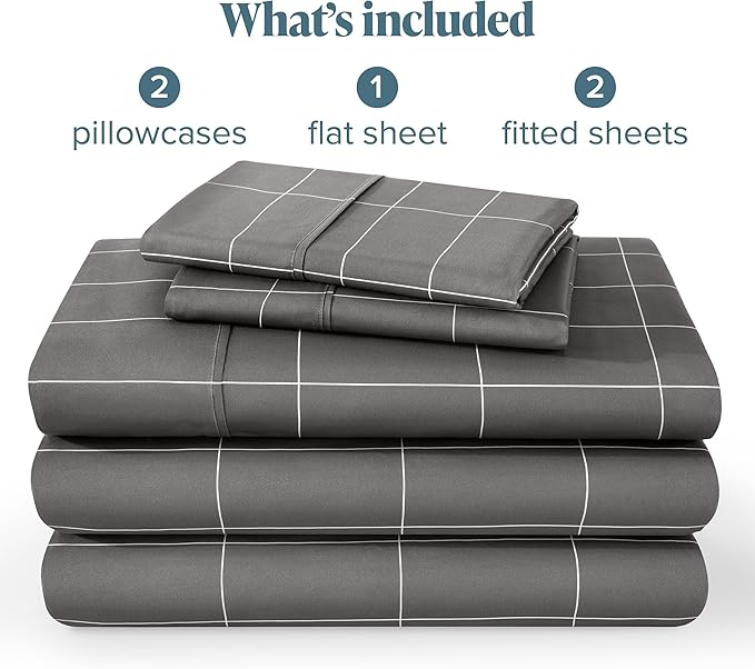 Bare Home Split King Sheet Set - 1800 Ultra-Soft Microfiber Double Brushed - Deep Pockets - Easy Fit - 5 Piece Set - Bed & Pillowcases (Split King, Grid - Grey/White)
