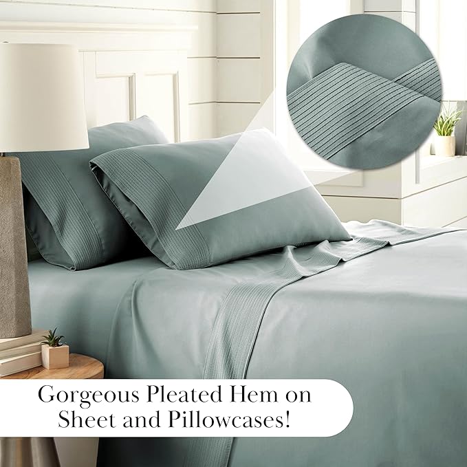 Southshore Fine Living, Inc. 4-Piece Bed Sheet Set, 21-Inch Queen Size Sheet Set Deep Pocket, with 1 Queen Fitted Sheet, Pleated Queen Flat Sheet, and Queen Pillow Cases Set of 2, Steel Blue Sheets