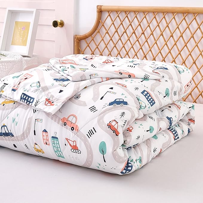 JSD Car Kids Comforter Set Twin Size, 2 Piece Printed Microfiber Comforter with Pillow Sham, Lightweight All Season Washable