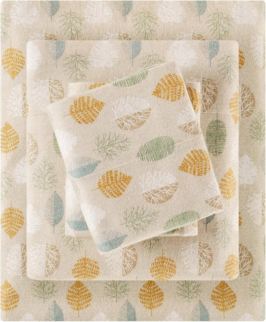 True North by Sleep Philosophy Cozy Flannel Warm 100% Cotton Sheet - Novelty Print Animals Stars Cute Ultra Soft Cold Weather Bedding Set, Cal King, Multi Leaves 4 Piece