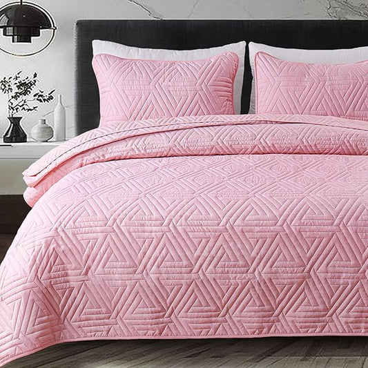 Whale Flotilla Soft King Size Quilt Set for All Seasons, 3-Piece Ultrasonic Geometric Quilts Bedding Set, Lightweight Reversible Bedspread, Coverlet, Bed Cover with 2 Pillow Shams, Pink