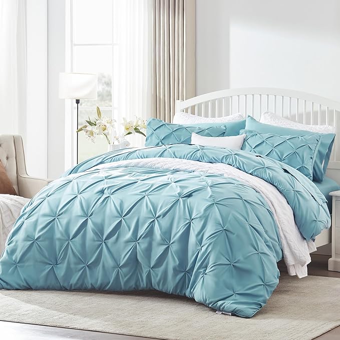 Fluffy Comforter Queen Set, 7 Pieces Pinch Pleat Design Bedding Set, Down Alternative Comforter with 2 Pillow Shams, 2 Pillowcases, 1 Flat Sheet, 1 Fitted Sheet (Stone Blue Pinch Pleat, Queen)