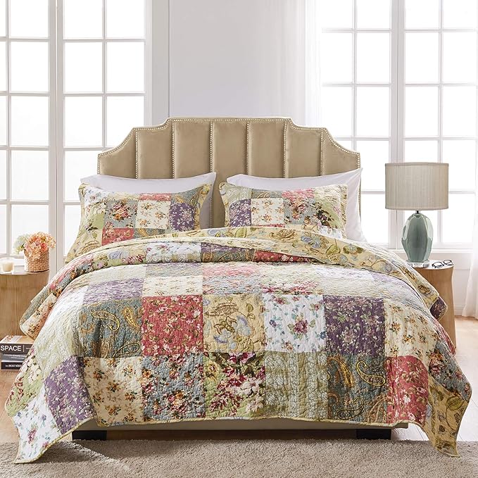 Greenland Home Blooming Prairie 100% Cotton Authentic Patchwork Reversible Quilt Set, 3-Piece Full/Queen