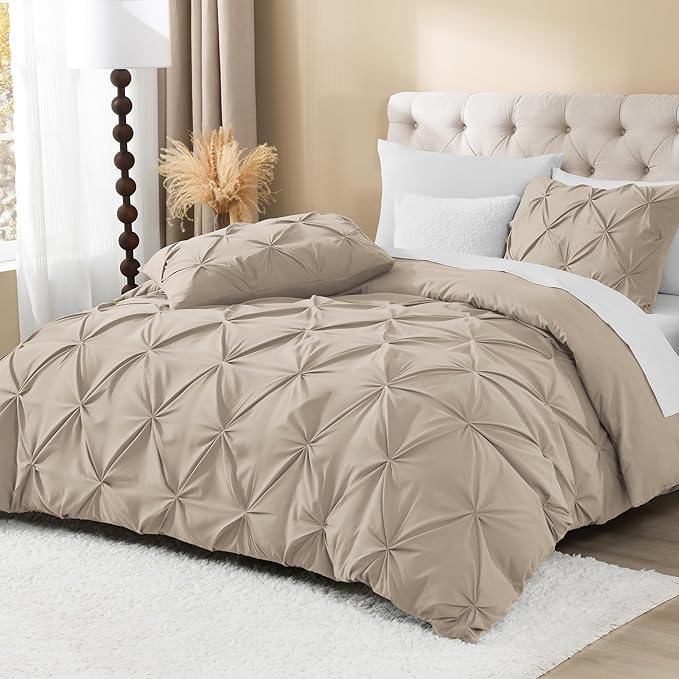 Litanika Khaki Pinch Pleat Duvet Cover King(104x90Inch), 3 Pieces(1 Duvet Cover, 2 Pillowcases) Luxurious Pintuck Bedding Set, Soft Microfiber Duvet Cover with Zipper Closure & Corner Ties