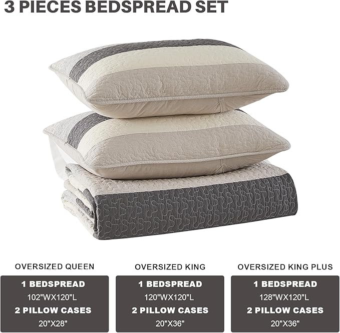 Oversized King Quilt Bedspread Coverlet 120x120, 100% Cotton Extra Large Quilt with Pillow Shams, Soft Yarn Dyed Striped Bedding Set, Gray/Khaki/Beige/Charcoal