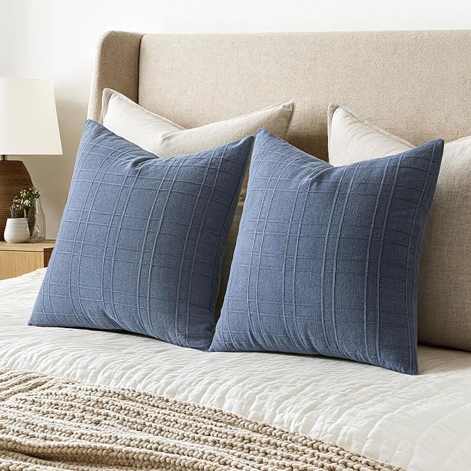 MIULEE Decorative Linen Check Euro Shams Throw Pillow Covers Neutral Farmhouse Vintage Pillow Covers 28x28 Set of 2 Boho Modern Home Decor for Sofa Couch Bedroom Cushion Blue
