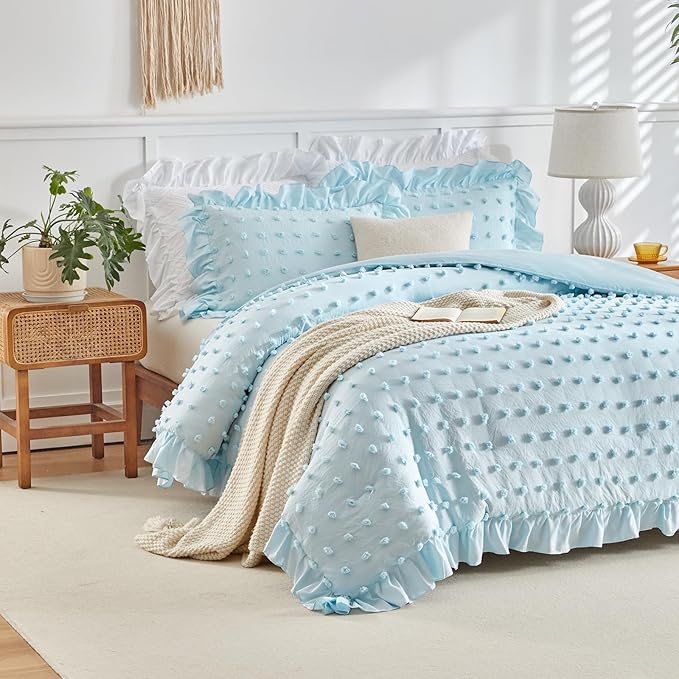 Tufted Dots Ruffle Comforter Set Full/Queen Size, 3 Pieces Blue Vintage Farmhouse Shabby Chic Comforters, Jacquard Boho Bohemian Bedding Set for All Season (1 Ruffled Comforter+ 2 Pillow Shams)