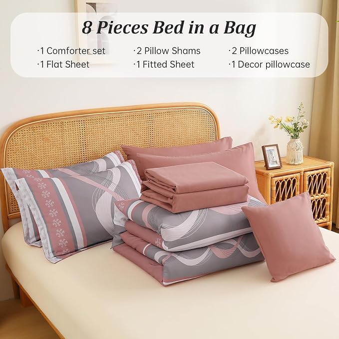 Anibedding Pink Comforter Set Queen Size, 8 Pieces Striped Bed in a Bag Patchwork Bedding Sets, Soft Microfiber Boho Bedding Set for All Season(90"×90")