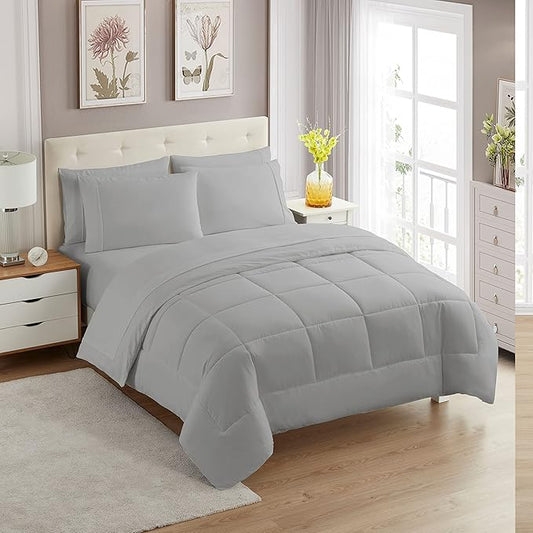 Sweet Home Collection 7 Piece Comforter Set Bag Solid Color All Season Soft Down Alternative Blanket & Luxurious Microfiber Bed Sheets, Silver, Full