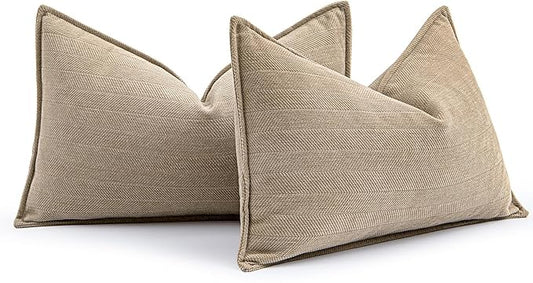 MIULEE Pack of 2 Khaki Decorative Lumbar Pillow Covers 12x20 Inch Soft Chenille Luxurious Couch Throw Pillows Farmhouse Cushion Covers with Elegant Design for Sofa Bedroom Living Room Home Decor