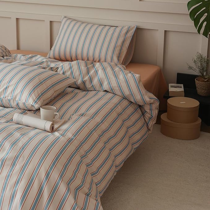 LifeTB Full Comforter Set Blue Brown Striped Comforter Set, 3 Pieces Retro Stripes Pattern Printed Comforter with 2 Pillowcases, Lightweight Fluffy Soft Breathable Striped Bedding Set for All Seasons