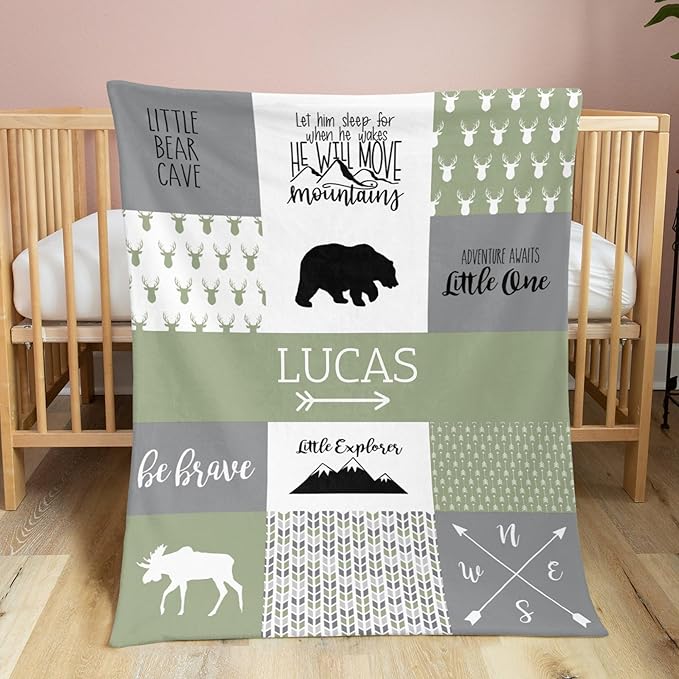 Custom Bear Baby Blanket for Boy, Baby Blanket with Name - 35 x 45 Inches Blankets with Double Layer Dotted Backing - Shower Gifts for Nursery - Essential Bebe Stuff, Reseda