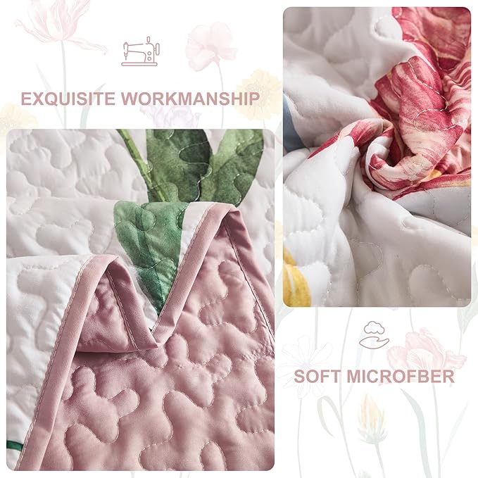 WONGS BEDDING Pink Quilt Set King,3 Pieces Colorful Delicate Floral Bedspread Set, Soft Lightweight Reversible Bedding Coverlet with 2 Pillowcases(110"x90")