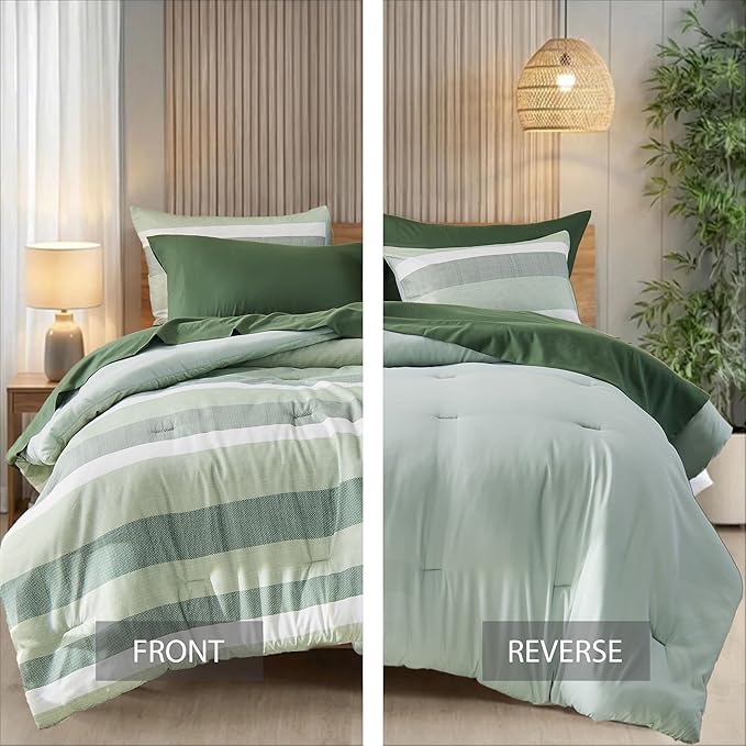 Queen Size Modern Striped Comforter Set, Lightweight Soft Microfiber Bedding Sets for All Season 7 Pieces Bed in A Bag Set with Comforter, Sheets, Pillowcases & Shams, Sage Green