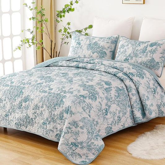 WONGS BEDDING Botanical Quilt Set Queen Size, Blue 3 Pieces Toile Floral Plants Printed Bedspread Bedding Set Soft Lightweight Microfiber Coverlet Set for All Season (96"x90")