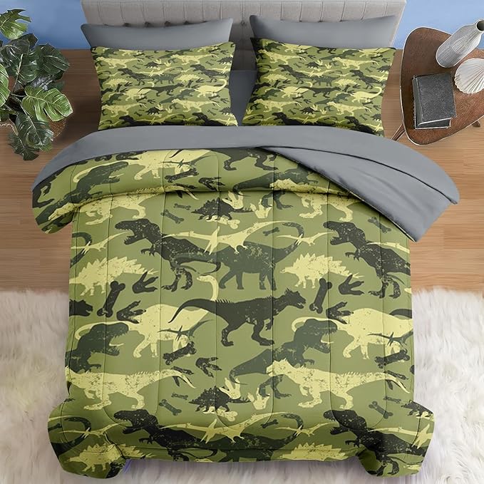 Comforter Set Full Size, Camouflage Dino Dinosaur 7 Pcs Bedding for Kids and Adults, Cute Funny Green Bed Sheet Sets with Fitted Sheet 2 Pillowcases & 2 Shams for Bedroom Bed Decor