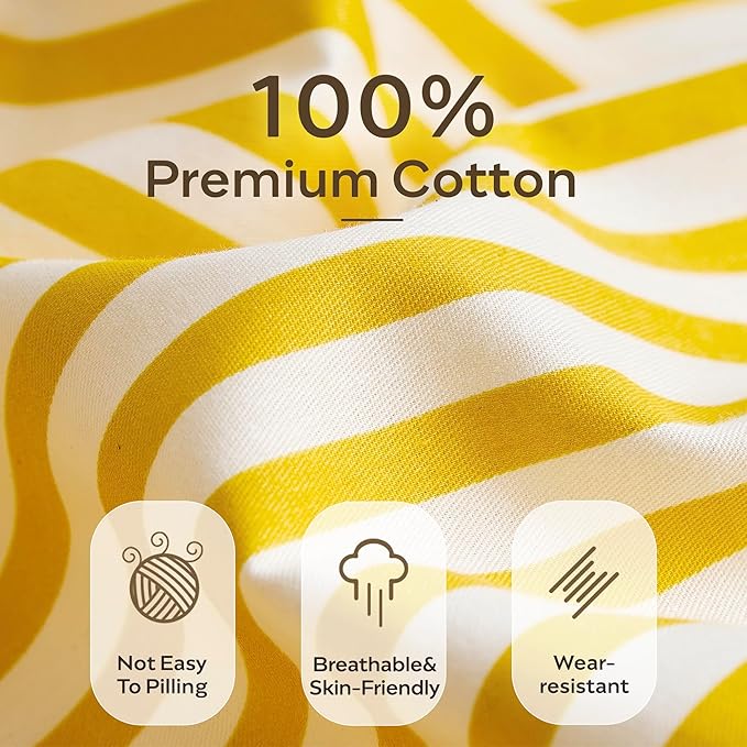 JELLYMONI 100% Natural Cotton 3pcs Striped Duvet Cover Sets,Yellow with White Stripes Pattern Printed Comforter Cover,with Zipper Closure & Corner Ties(Full Size)