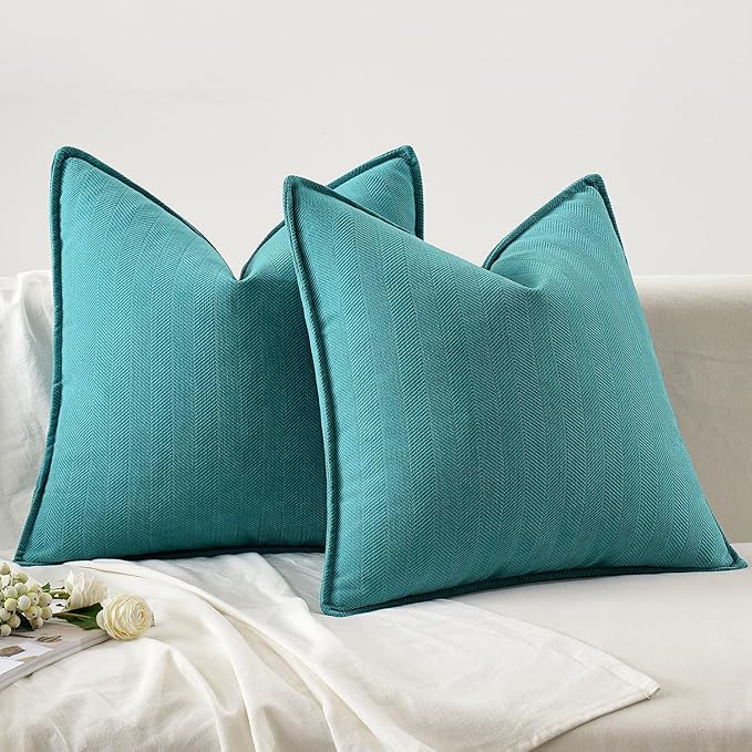 MIULEE Pack of 2 Teal Decorative Pillow Covers 18x18 Inch Soft Chenille Luxurious Couch Throw Pillows Farmhouse Cushion Covers with Elegant Design for Sofa Bedroom Living Room Home Decor