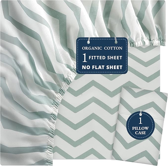 LANE LINEN 100% Organic Cotton Twin XL Fitted Sheet, 2-Piece Set (1 Fitted Sheet, 1 Pillowcase), Percale Weave, Lightweight, Soft, Breathable, Fits Mattress Upto 15' Deep - Cool Blue Chevron