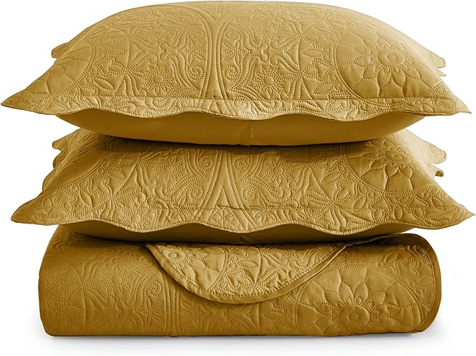 MOONLIGHT20015 California King Quilt Bedding Set Size (118"x106") + 2 Pillow Shams (20" x 36"+ 2") - 3 Pcs All Season Reversible Microfiber Coverlet Embossed Floral Quilt Bedspread (Ochre)