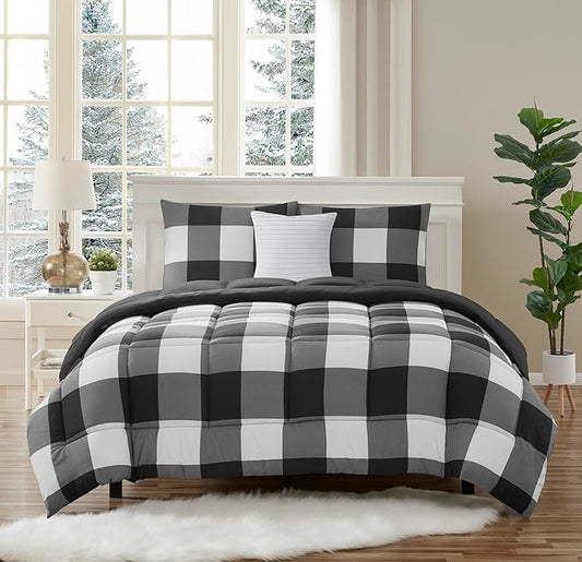 7 Piece Comforter Set Bag Solid Color All Season Soft Down Alternative Blanket & Luxurious Microfiber Bed Sheets, Full, Buffalo Plaid Black/White
