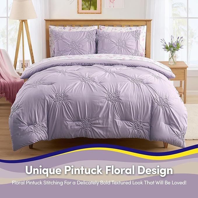 Floral Pintuck Comforter Set Full Size – Bed in a Bag with Sheets, Pillowcases & Shams – Soft Stylish Sports Bedding – All Season Boys Basketball Bed Set