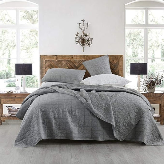 HORIMOTE HOME Quilt Set Twin Size, Stone-Washed Chic Rustic Grey Coverlet with Classic Triangle Stitched Pattern, Ultra Soft Lightweight Quilted Bedspread for All Season, 2 Pieces