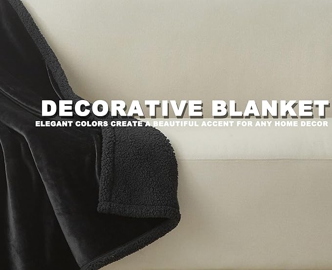 Black Sherpa Fleece Throw Blanket, Super Soft Fuzzy Flannel Blanket for Couch, Thick Warm Reversible Plush Blankets, Oeko-TEX Certified, Valentine’s Day Gifts, Black 50x60 Inches