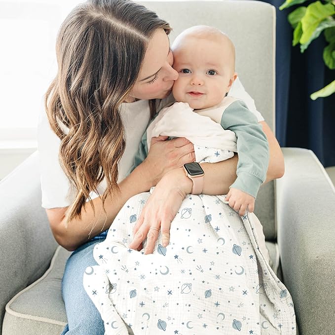 Konssy Baby Blankets for Unisex Boys Girls, Super Soft Nursery Minky Blankets with Muslin Cotton Front and Dotted Fleece Backing, Printed Bed Throws Newborn