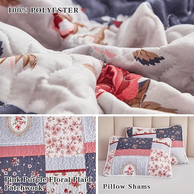 Patchwork Quilt Set Twin Size, 2 Pieces Pink Purple Floral Plaid Design Summer Bedspread Coverlet Set, Soft Microfiber Reversible Lightweight Bed Cover for Kids (68" x 86", 1 Quilt+ 1 Pillow Sham)