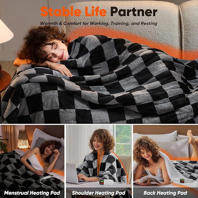 Heated Electric Blanket Throw, 50X60 Heating Blanket with 10 Heat Level & 8 Hours Auto Off for Lap, Black Gray Checkered Plaid Soft Sherpa Blankets Warmer Gifts for Couch Grandma Women Adults