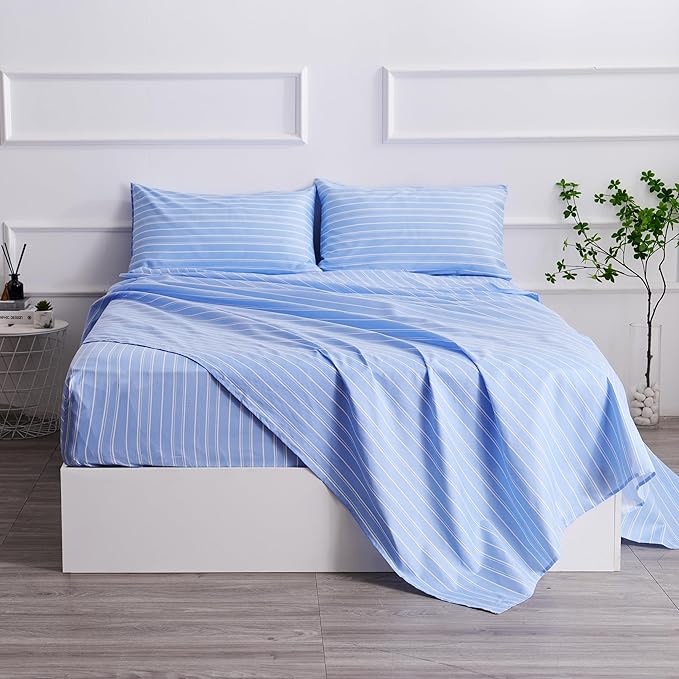 Twin Size Sheets Blue White Stripe 3 Piece Breathable & Cooling Bed Sheet Set - Hotel Luxury Bedding for Women, Men, Kids, Teens, Boys & Girls - Deep Pockets, Soft, Wrinkle Free - Blue Stripes
