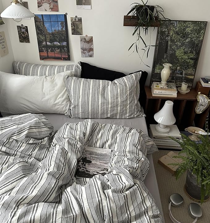 VM VOUGEMARKET Striped Duvet Cover Set Queen Size - 3 Pieces Washed Cotton Bedding Set,Preppy Style BoysComforter Cover for College Dorm,90"x90",Dark Grey&White