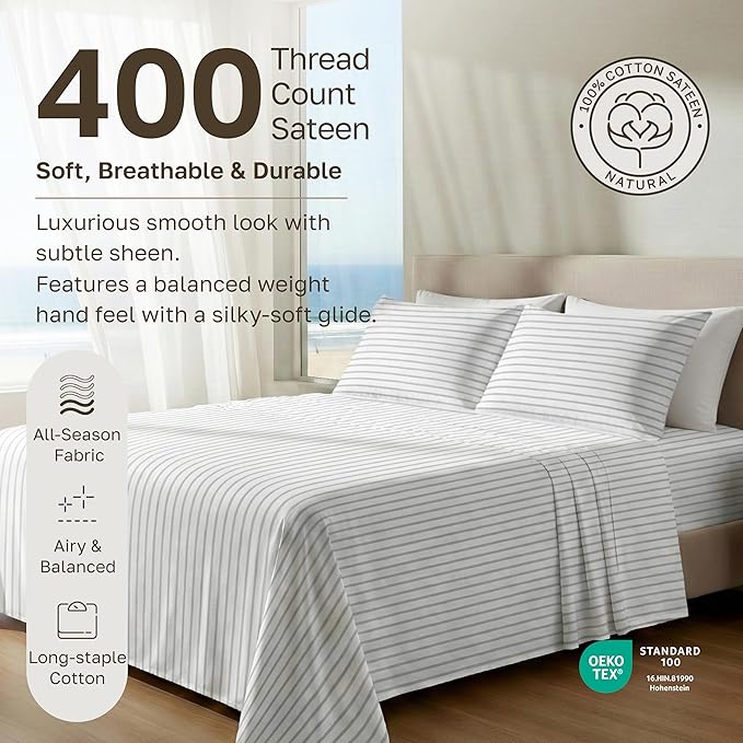 California Design Den Printed Twin XL Sheet Sets - 400 Thread Count Sateen, Natural 100% Cotton Sheets Set, Deep Pockets, and Durable Bedding Set - Pinstriped