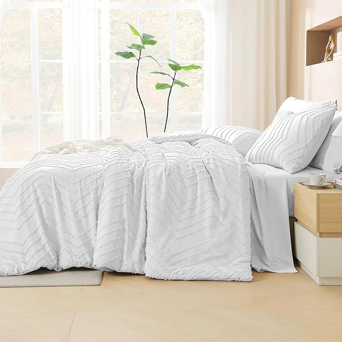 Litanika White Comforter King Size Set with Sheets - 7 Pieces Boho Bed in a Bag Chevron Tufted Complete Bedding Sets Lightweight All Season Bed Set with Comforter, Sheets, Pillowcases & Shams