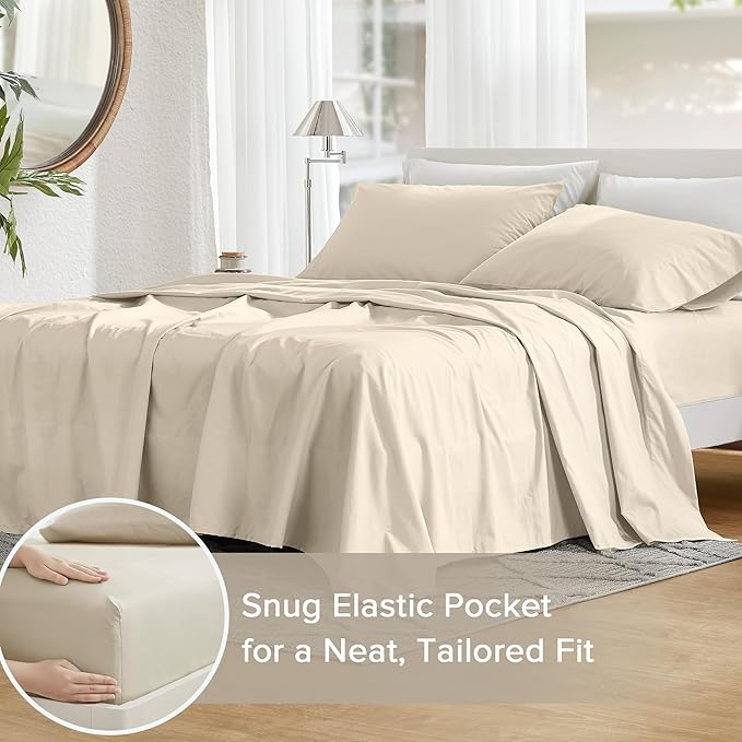 Comfort Spaces 100% Cotton Sheets Full, Breathable & Ultra Soft Cotton Sheets, Naturally Cool Cotton Bed Sheets with 14" Elastic Pocket Fits up to 16" Mattress, All Seasons Sheet Set, Cream 4 Piece