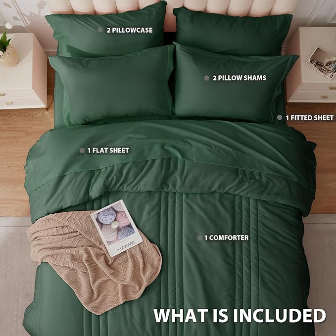Full Comforter Set Emerald Green - Bed in a Bag Full Size 7 Pieces, Soft Bedding Set for All Seasons, Premium Comforter Set with Comforter, Sheets, Pillowcases & Shams